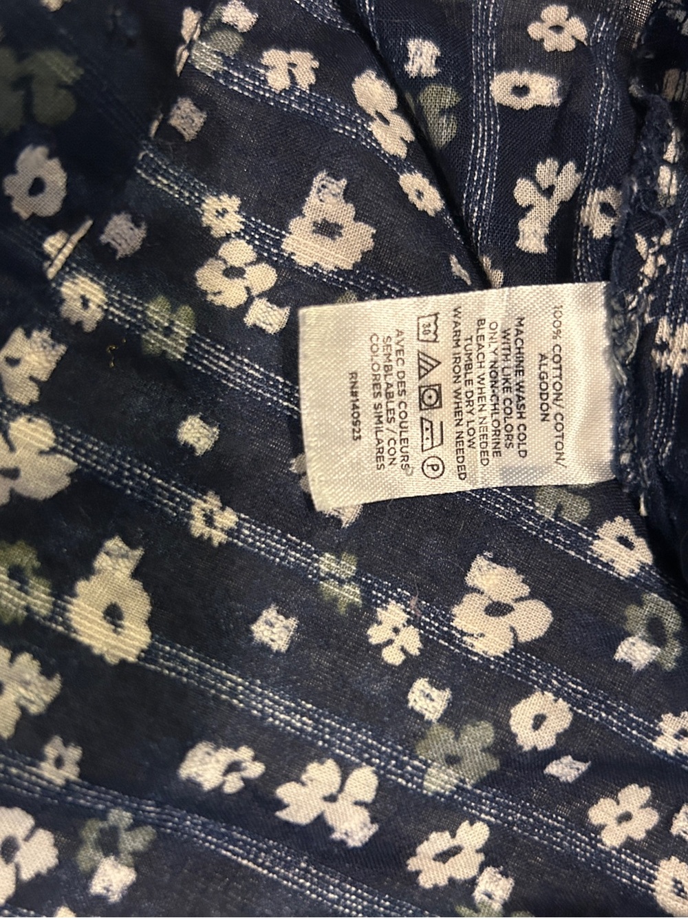 LOFT Womens Large Navy Blue Ditsy Floral Clip Dot Long Sleeve Blouse Top Cotton - Picture 8 of 12